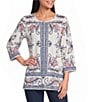 Allison Daley Multi Floral Muse Print 3/4 Bell Sleeve Crew Neck Top - Image 1