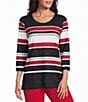 Allison Daley Multi Stripe Knit 3/4 Sleeve Scoop Neck Embellished Top - Image 1