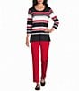 Allison Daley Multi Stripe Knit 3/4 Sleeve Scoop Neck Embellished Top - Image 3