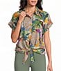 Allison Daley Multi Tropics Print Short Sleeve Point Collar Button Front Tie Hem Top - Image 1