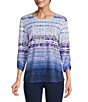 Color:Willow Tier - Image 1 - Ombre Stripe Print Crew Neck 3/4 Sleeve Knit Top