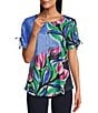 Color:Painterly Floral - Image 1 - Painterly Floral Print Tie Ruched Short Sleeve Embellished Crew Neck Knit Top