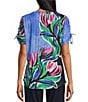 Color:Painterly Floral - Image 2 - Painterly Floral Print Tie Ruched Short Sleeve Embellished Crew Neck Knit Top