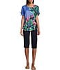 Color:Painterly Floral - Image 3 - Painterly Floral Print Tie Ruched Short Sleeve Embellished Crew Neck Knit Top