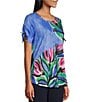 Color:Painterly Floral - Image 4 - Painterly Floral Print Tie Ruched Short Sleeve Embellished Crew Neck Knit Top