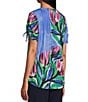 Color:Painterly Floral - Image 5 - Painterly Floral Print Tie Ruched Short Sleeve Embellished Crew Neck Knit Top