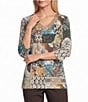 Allison Daley Patchwork Print 3/4 Sleeve V-Neck Embellished Top - Image 1