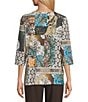 Allison Daley Patchwork Print 3/4 Sleeve V-Neck Embellished Top - Image 2