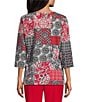 Allison Daley Patchwork Print 3/4 Sleeve V-Neck Embellished Top - Image 2