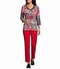 Allison Daley Patchwork Print 3/4 Sleeve V-Neck Embellished Top - Image 3