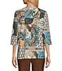 Allison Daley Patchwork Print 3/4 Sleeve V-Neck Embellished Top - Image 2