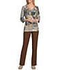 Allison Daley Patchwork Print 3/4 Sleeve V-Neck Embellished Top - Image 3