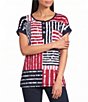 Allison Daley Patchwork Stripe Americana Short Sleeve Crew Neck Knit Top - Image 1