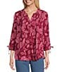 Allison Daley Petite Leaf & Dot Print 3/4 Tie Sleeve Y-Neck Button Front Blouse, Color:Rhubarb Leaf Dot - Image 1