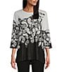 Color:Butterfly Dance - Image 1 - Petite Size Butterfly Dance Print 3/4 Sleeve Crew Neck Embellished Rib Knit Top