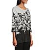Color:Butterfly Dance - Image 3 - Petite Size Butterfly Dance Print 3/4 Sleeve Crew Neck Embellished Rib Knit Top
