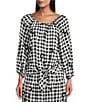 Color:Charming Daisy - Image 1 - Petite Size Checked Print 3/4 Sleeves Keyhole Neck Tie Front Top