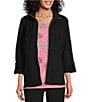 Color:Black - Image 1 - Petite Size Coordinating Long Roll Tab Sleeve Stand Collar Zip Front Jacket