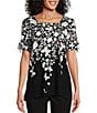 Color:Cascade Butterfly - Image 1 - Petite Size Embellished Butterfly Floral Print Ruched Short Tie Sleeve Square Neck Knit Top