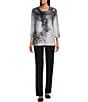 Color:Black/White Butterfly - Image 3 - Petite Size Embellished Butterfly Print 3/4 Sleeve Crew Neck Knit Top