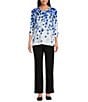 Allison Daley Petite Size Embellished Dotted Print 3/4 Sleeve Crew Neck Curve Hem Knit Top, Color:Watercolor Drops - Image 3