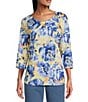 Allison Daley Petite Size Embellished Floral Print 3/4 Sleeve Keyhole Neck Knit Top, Color:Impressionist Floral - Image 1
