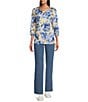 Allison Daley Petite Size Embellished Floral Print 3/4 Sleeve Keyhole Neck Knit Top, Color:Impressionist Floral - Image 3
