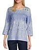 Allison Daley Petite Size Embellished Folk Stitch Print 3/4 Sleeve Crew Neck Knit Top, Color:Chambray Folk Stitch - Image 1