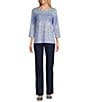 Allison Daley Petite Size Embellished Folk Stitch Print 3/4 Sleeve Crew Neck Knit Top, Color:Chambray Folk Stitch - Image 3