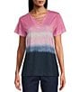 Allison Daley Petite Size Embellished Ombre Print Short Sleeve Keyhole Neck Knit Top, Color:Indigo Ombre Tie Dye - Image 1