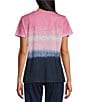Allison Daley Petite Size Embellished Ombre Print Short Sleeve Keyhole Neck Knit Top, Color:Indigo Ombre Tie Dye - Image 2