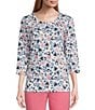Color:Tossed Hearts - Image 1 - Petite Size Embellished Tossed Hearts Print 3/4 Sleeve Crew Neck Knit Top