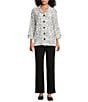 Allison Daley Petite Size Embroidered 3/4 Sleeve Point Collar Button Front Blouse, Color:Snow White/Black Embroidery - Image 3