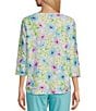 Color:Spring Bouquets - Image 2 - Petite Size Floral Print 3/4 Sleeve Keyhole Neck Ruffle Knit Top