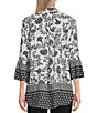 Color:Floral Border - Image 2 - Petite Size Floral Print Point Collar 3/4 Bell Sleeve Button Front Top