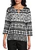 Allison Daley Petite Size Floral Stripe 3/4 Sleeve Keyhole Neck Knit Top, Color:Floral Stripe - Image 1