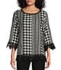 Allison Daley Petite Size Gingham Patches Print 3/4 Sleeve Crew Neck Lace Detail Linen Blend Blouse, Color:Black/White Gingham Patch - Image 1