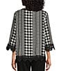 Allison Daley Petite Size Gingham Patches Print 3/4 Sleeve Crew Neck Lace Detail Linen Blend Blouse, Color:Black/White Gingham Patch - Image 2