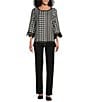 Allison Daley Petite Size Gingham Patches Print 3/4 Sleeve Crew Neck Lace Detail Linen Blend Blouse, Color:Black/White Gingham Patch - Image 3