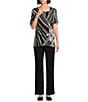 Allison Daley Petite Size Hibiscus Wave Print Short Ruched Tie Sleeve Square Neck Knit Top, Color:Black/White Hibiscus Wave - Image 3