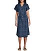 Allison Daley Petite Size Indigo Print Short Sleeve Shirt Midi Dress, Color:Indigo Multi Damask - Image 1