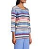 Allison Daley Petite Size Multi Stripe Embellished 3/4 Sleeve Crew Neck Scuba Knit Top, Color:Multi Stripe - Image 3