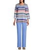 Allison Daley Petite Size Multi Stripe Embellished 3/4 Sleeve Crew Neck Scuba Knit Top, Color:Multi Stripe - Image 5