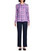Allison Daley Petite Size Ombre Plaid 3/4 Sleeve Point Collar Button Front Shirt, Color:Dewberry Ombre Plaid - Image 3