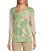 Color:Medallion Paisley - Image 1 - Petite Size Paisley Print 3/4 Ruched Sleeve Criss-Cross V-Neck Knit Top