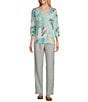 Color:Parrot Floral Patches - Image 3 - Petite Size Parrot Floral Patches Print Embellished Crew Neck 3/4 Sleeve Knit Top