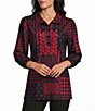 Allison Daley Petite Size Patchwork 3/4 Sleeve Point Collar Button Front Top - Image 1