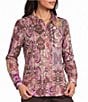 Allison Daley Petite Size Patchwork Long Sleeve Point Collar Button Front Top - Image 1