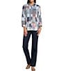 Allison Daley Petite Size Patchwork Print 3/4 Sleeve Point Collar Button Front Shirt - Image 3