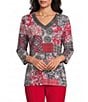 Allison Daley Petite Size Patchwork Print 3/4 Sleeve V-Neck Embellished Top - Image 1